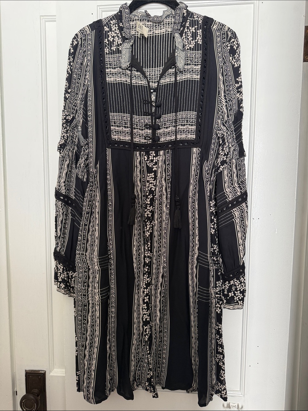 Sea New York- Black & Cream Printed Long Sleeve Boho Dress - Sz 6